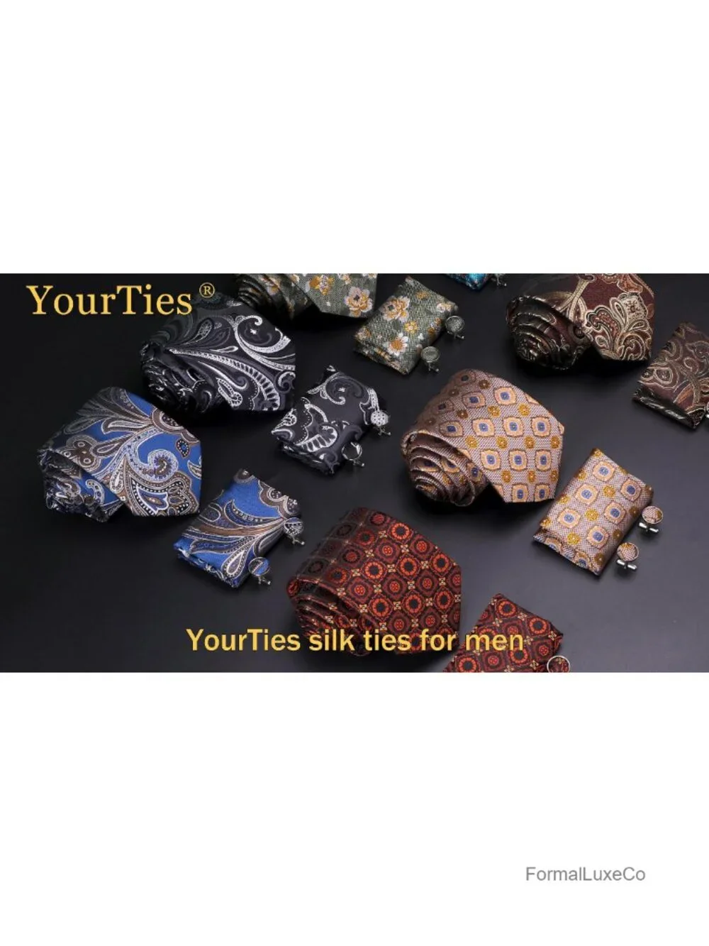 Men's 5PC Silk Tie Set with Cufflinks, Pocket Square, Tie Clip & Lapel Pin -